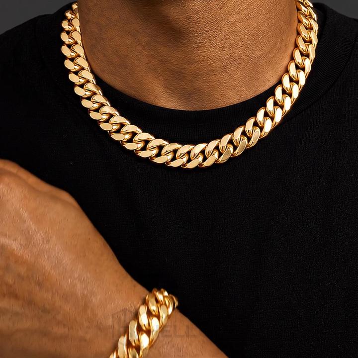 12mm Stainless Steel Cuban Link Chain Set in Gold 12mm Stainless Steel Cuban Link Chain Set in Gold
