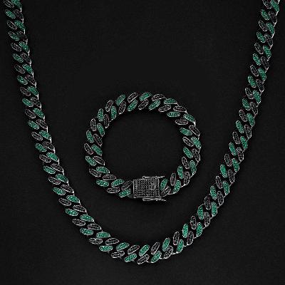 Iced 12mm Handset Emerald & Black Stones Cuban Set in Black Gold