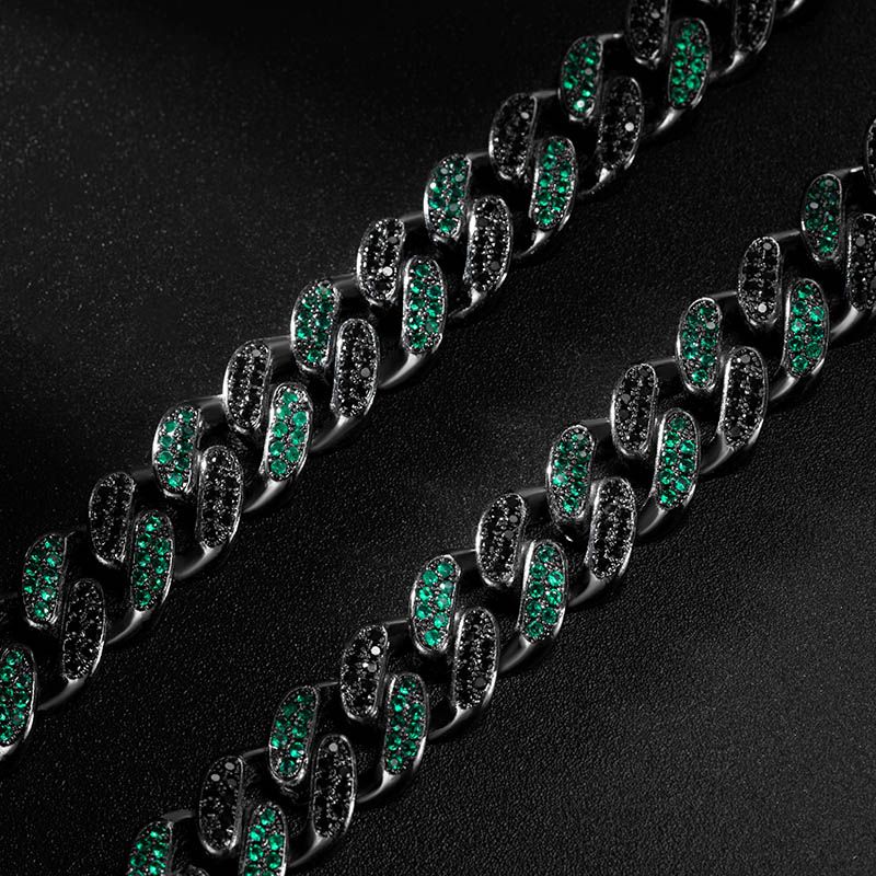 Iced 12mm Handset Emerald & Black Stones Cuban Set in Black Gold