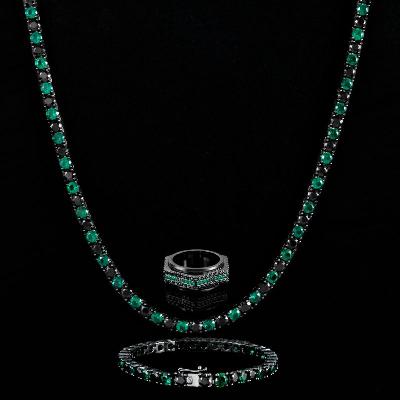 5mm Handsets Emerald & Black Stones Tennis Chain Set + 10mm Rotatable Ring