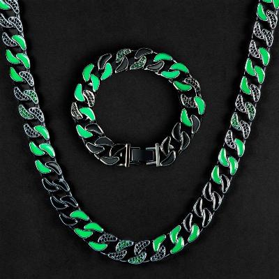 Iced 12mm Emerald & Black Enamel Cuban Chain Set in Black Gold