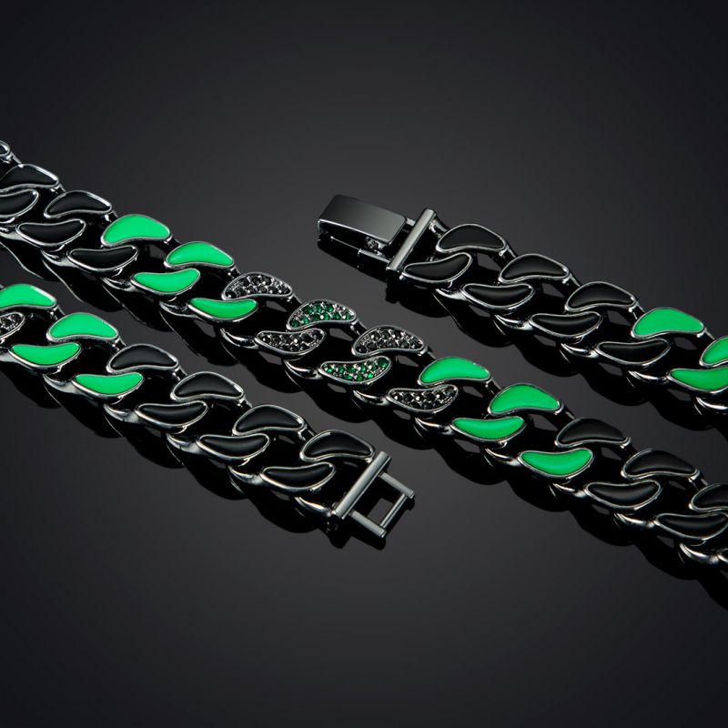 Iced 12mm Emerald & Black Enamel Cuban Chain Set in Black Gold