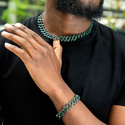 Iced 14mm Emerald & Black Prong Cuban Chain Set in Black Gold