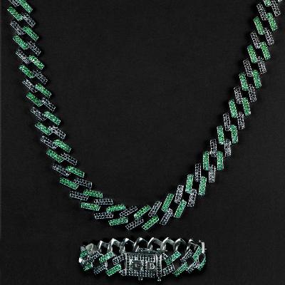 Iced 14mm Emerald & Black Prong Cuban Chain Set in Black Gold