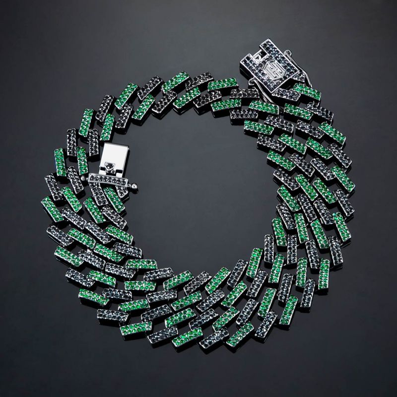 Iced 14mm Emerald & Black Prong Cuban Chain Set in Black Gold