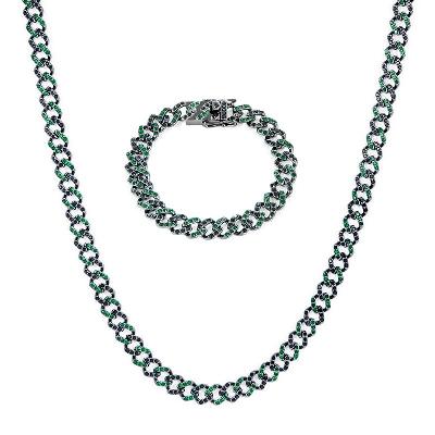 11mm Emerald & Black Stones Cuban Chain Set for Women