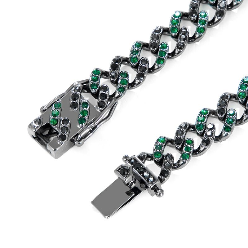 11mm Emerald & Black Stones Cuban Chain Set for Women