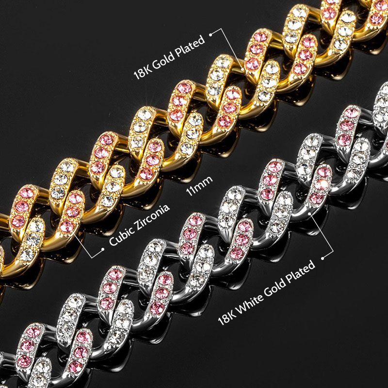 11mm White & Pink Stones Cuban Chain Set for Women