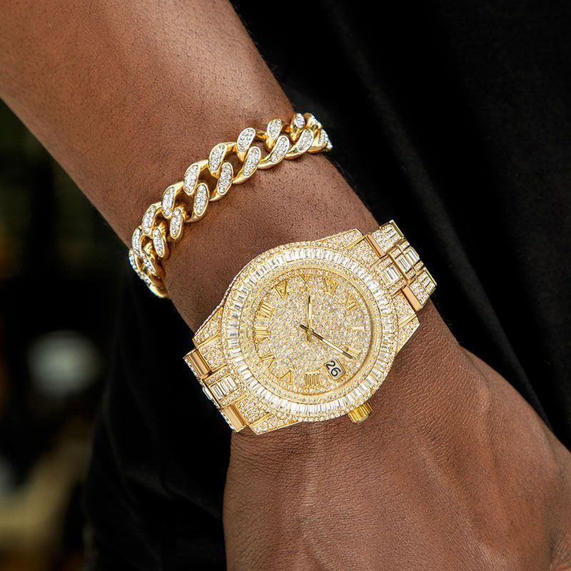 Iced Baguette Cut Roman Numerals Men's Watch and 12mm Cuban Bracelet Set in Gold