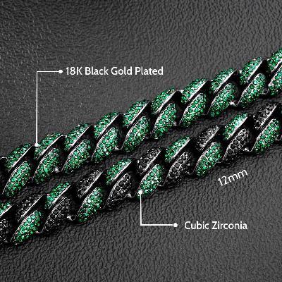 12mm Emerald Micro Paved Cuban Chain and Bracelet Set in Black Gold