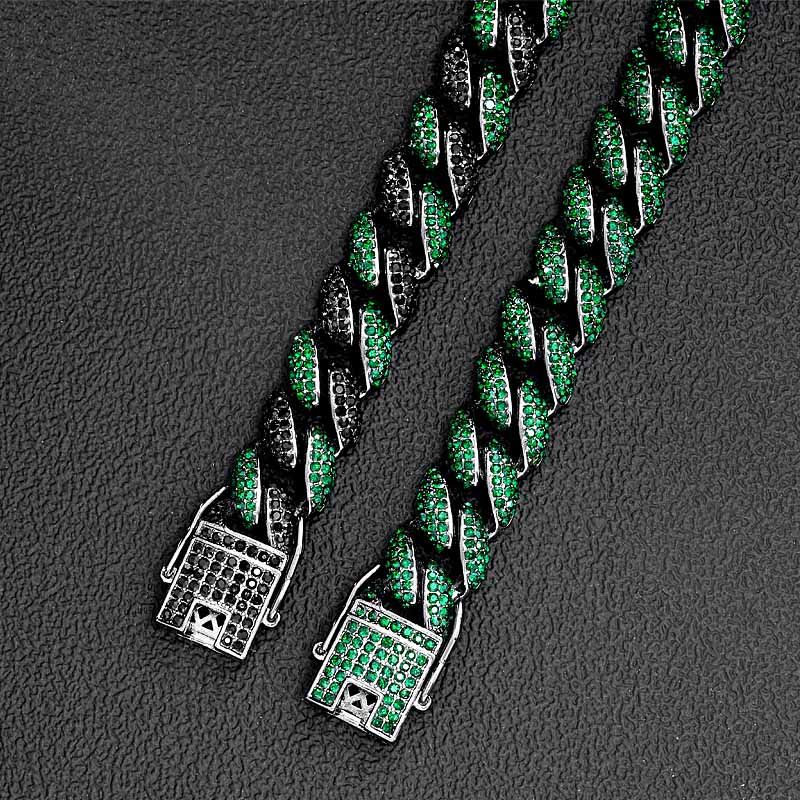 12mm Emerald Micro Paved Cuban Chain and Bracelet Set in Black Gold