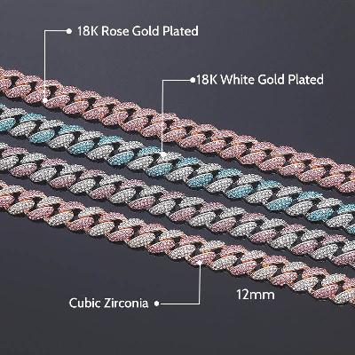 12mm Pink/Blue Micro Paved Cuban Chain and Bracelet Set