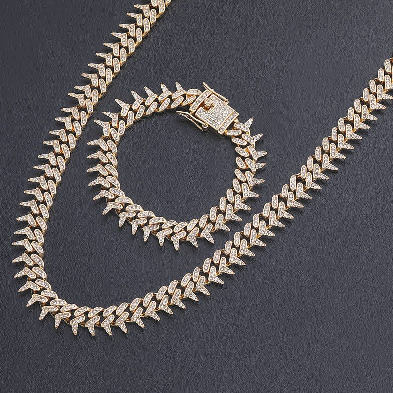 Iced 13mm Rivet Spike Thorns Cuban Chain and Bracelet Set