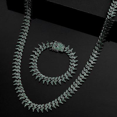 Iced 13mm Emerald Rivet Spike Thorns Cuban Chain and Bracelet Set