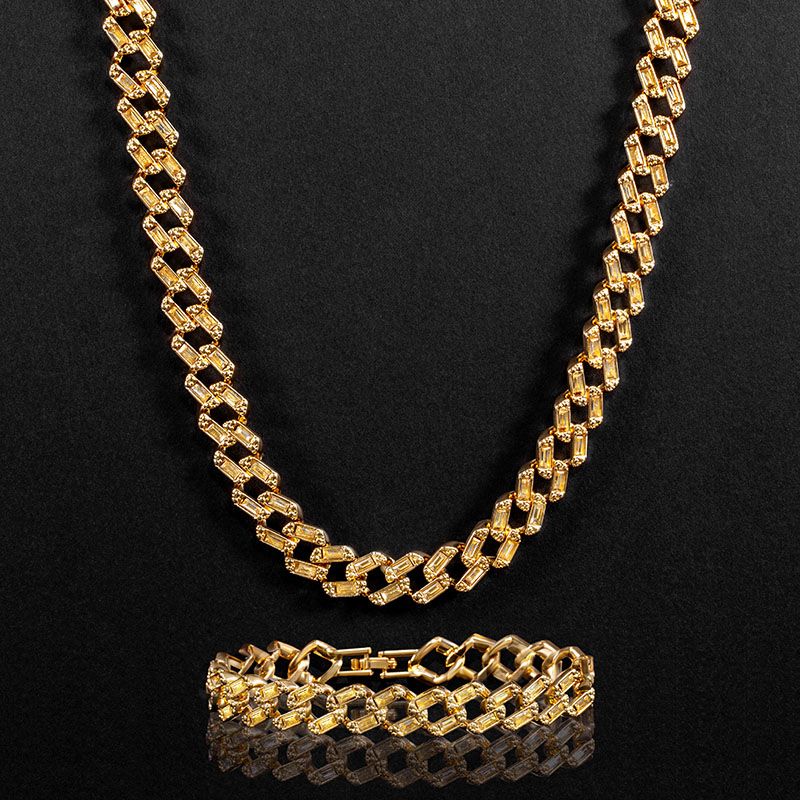 11mm Baguette Cut Cuban Chain and Bracelet Set in Gold