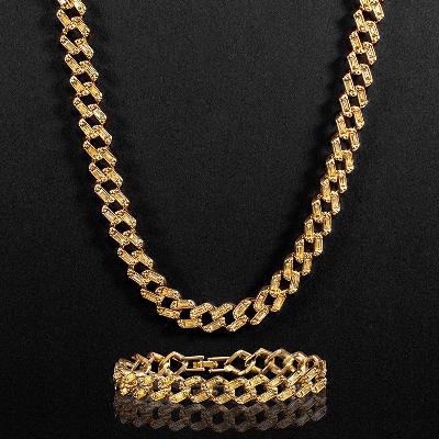 11mm Baguette Cut Cuban Chain and Bracelet Set in Gold