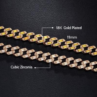 11mm Baguette Cut Cuban Chain and Bracelet Set in Gold