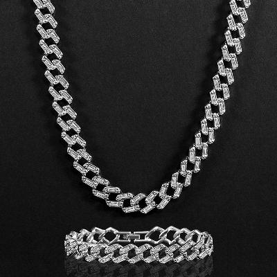 11mm Baguette Cut Cuban Chain and Bracelet Set in White Gold