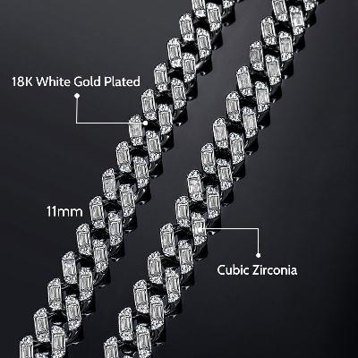 11mm Baguette Cut Cuban Chain and Bracelet Set in White Gold