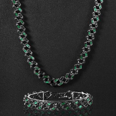 11mm Emerald & Black Baguette Cut Cuban Chain and Bracelet in Black Gold