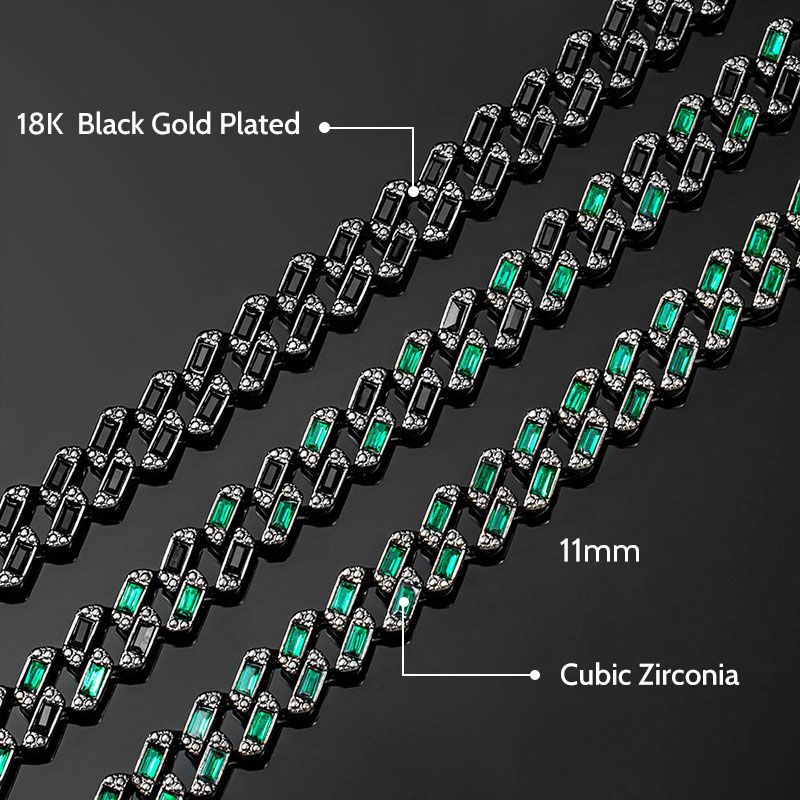 11mm Emerald & Black Baguette Cut Cuban Chain and Bracelet in Black Gold