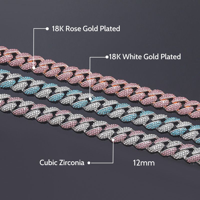 Women's 12mm Pink/Blue Micro Paved Cuban Chain and Bracelet Set