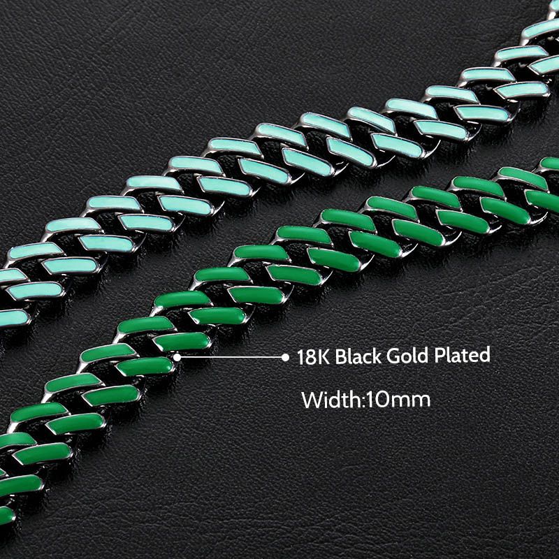 Glow in the Dark Green/Blue Enamel Prong Cuban Chain and Bracelet Set