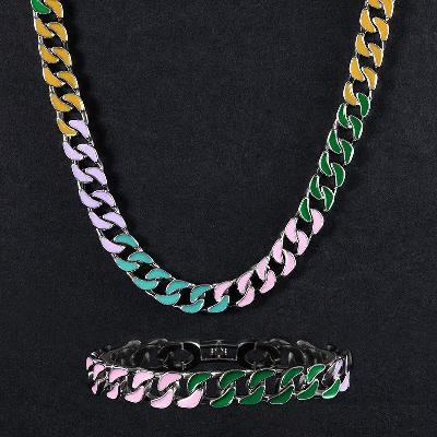 10mm Multi-Color Enamel Cuban LIink Chain and Bracelet Set
