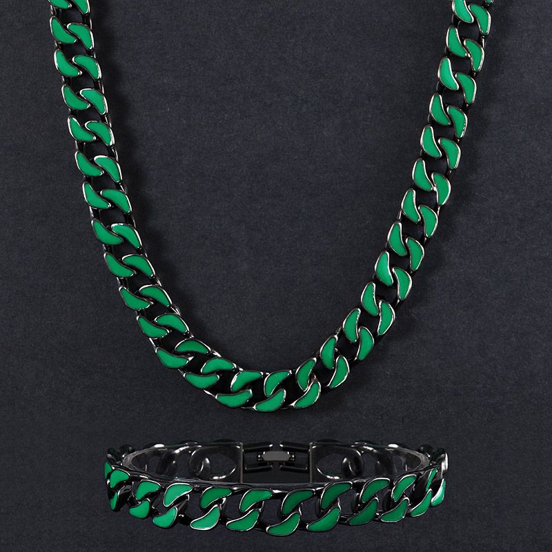 Glow in the Dark Green/Blue Enamel Cuban LIink Chain and Bracelet Set