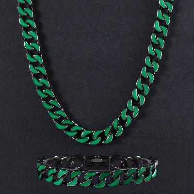 Glow in the Dark Green/Blue Enamel Cuban LIink Chain and Bracelet Set
