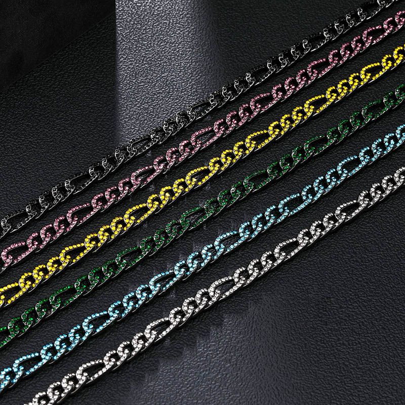 7mm Iced Figaro Chain and Bracelet Set-Emerald/Black/Blue/Yellow/Purple/White