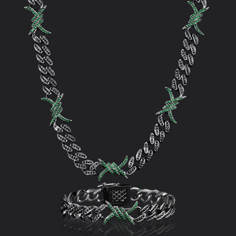 10mm Emerald & Black Iced Cuban Barb Wire Chain and Bracelet Set in Black Gold