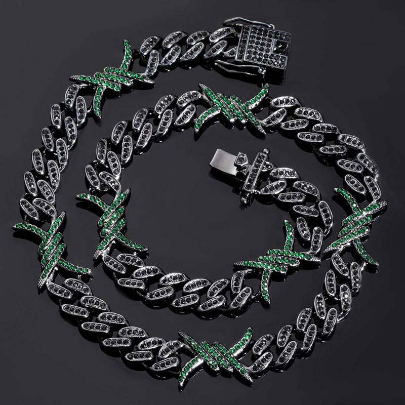 10mm Emerald & Black Iced Cuban Barb Wire Chain and Bracelet Set in Black Gold