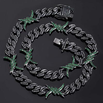 10mm Emerald & Black Iced Cuban Barb Wire Chain and Bracelet Set in Black Gold