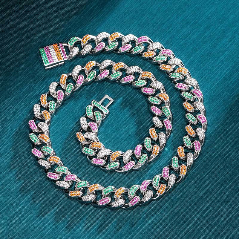 12mm Iced Handset Multi-Color Miami Cuban Chain and Bracelet Set
