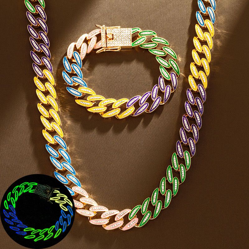 14mm Iced Glow in the Dark Multi-Color Enamel Miami Cuban Chain and Bracelet Set