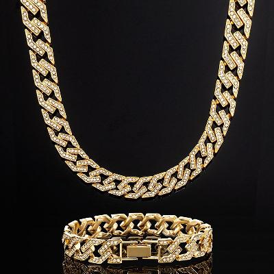 14mm Iced Cuban Link Chain and Bracelet Set in Gold