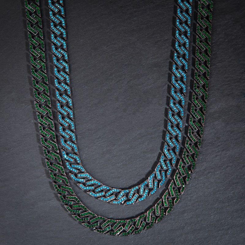14mm Iced Cuban Link Chain and Bracelet Set in Black Gold-Emerald/Blue/Yellow/Purple/White