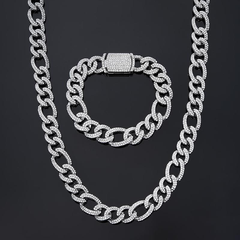 13mm Iced Figaro Chain and Bracelet Set in White Gold