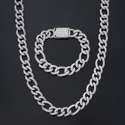 13mm Iced Figaro Chain and Bracelet Set in White Gold