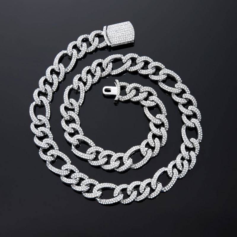 13mm Iced Figaro Chain and Bracelet Set in White Gold