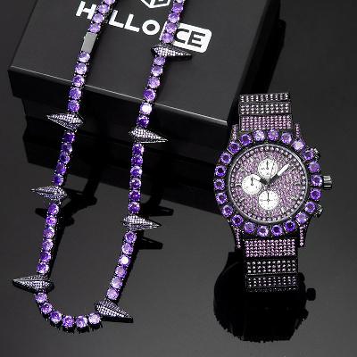 Iced Purple Round Cut Watch+5mm Tennis Chain Set in Black Gold