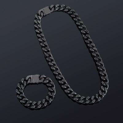 14mm Curb with Hook Buckle Clasp Chain & Bracelet Set in Black Gold