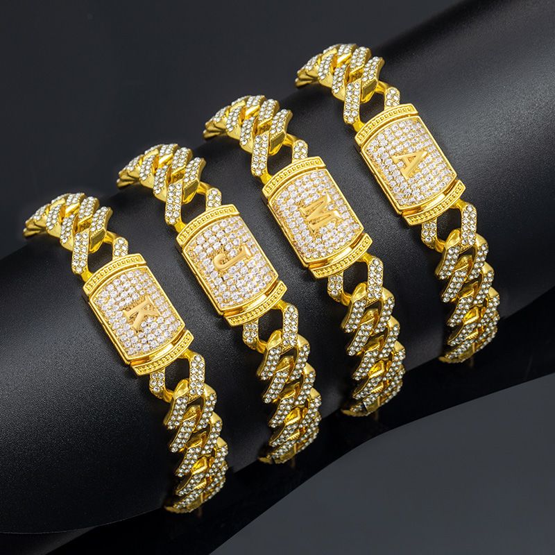 12mm Initial Letter Iced Prong Cuban Chain & Bracelet Set in Gold