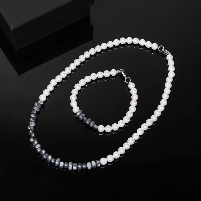 Frosted Black Gallstone Pearl Chain & Bracelet Set