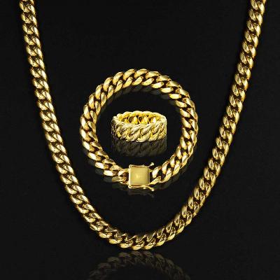 10mm Stainless Steel Cuban Chain Set + 10mm Cuban Ring in Gold