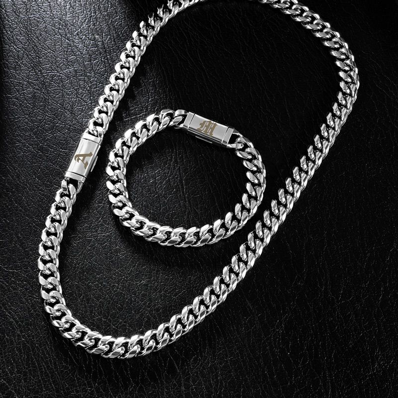 10mm Miami Old English Letter Cuban Chain & Bracelet Set in 18K White Gold Plated