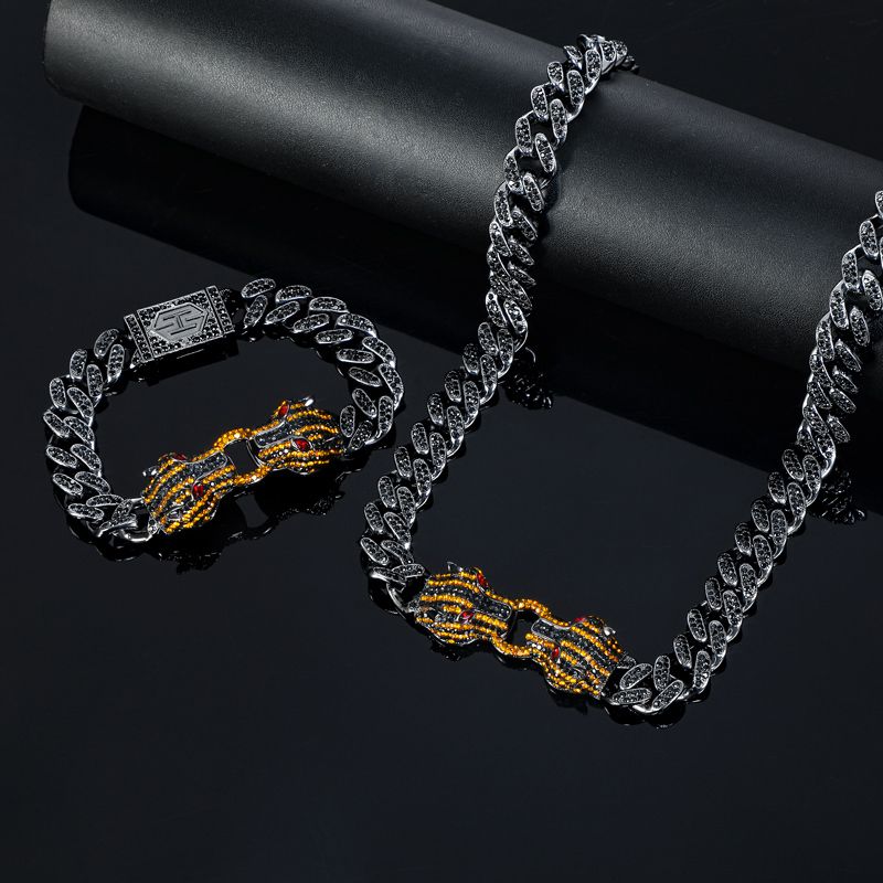 Iced Orange Panther Cuban Jewelry Set in 18K Black Gold