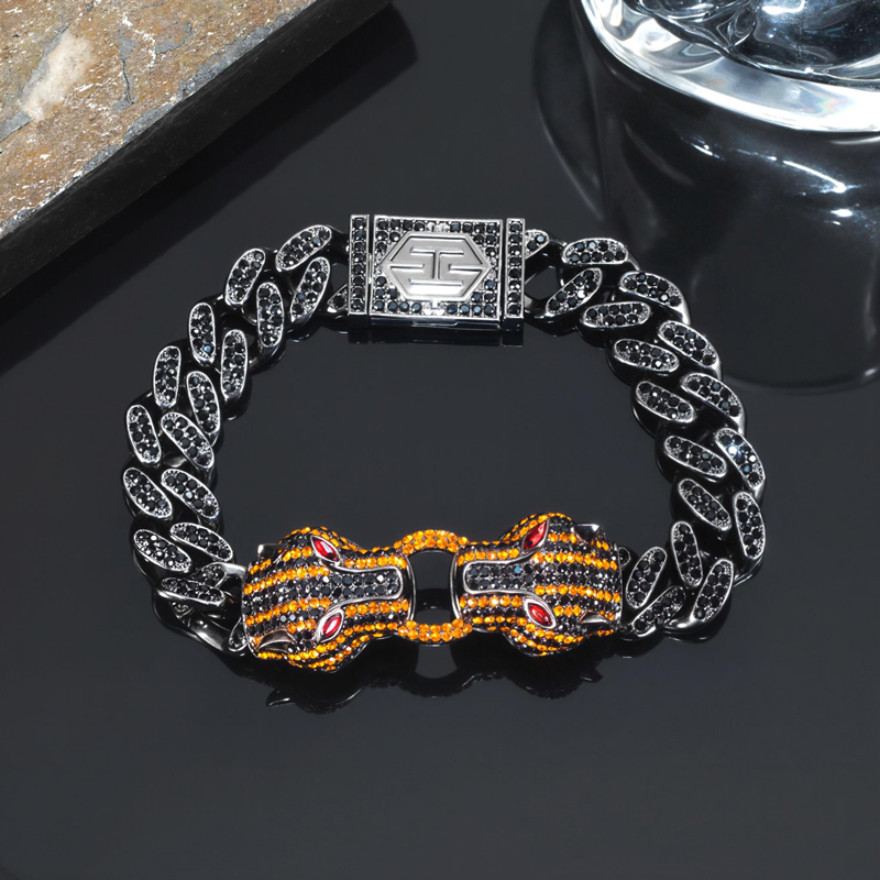 Iced Orange Panther Cuban Jewelry Set in 18K Black Gold