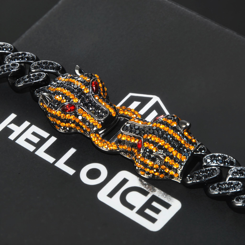 Iced Orange Panther Cuban Jewelry Set in 18K Black Gold